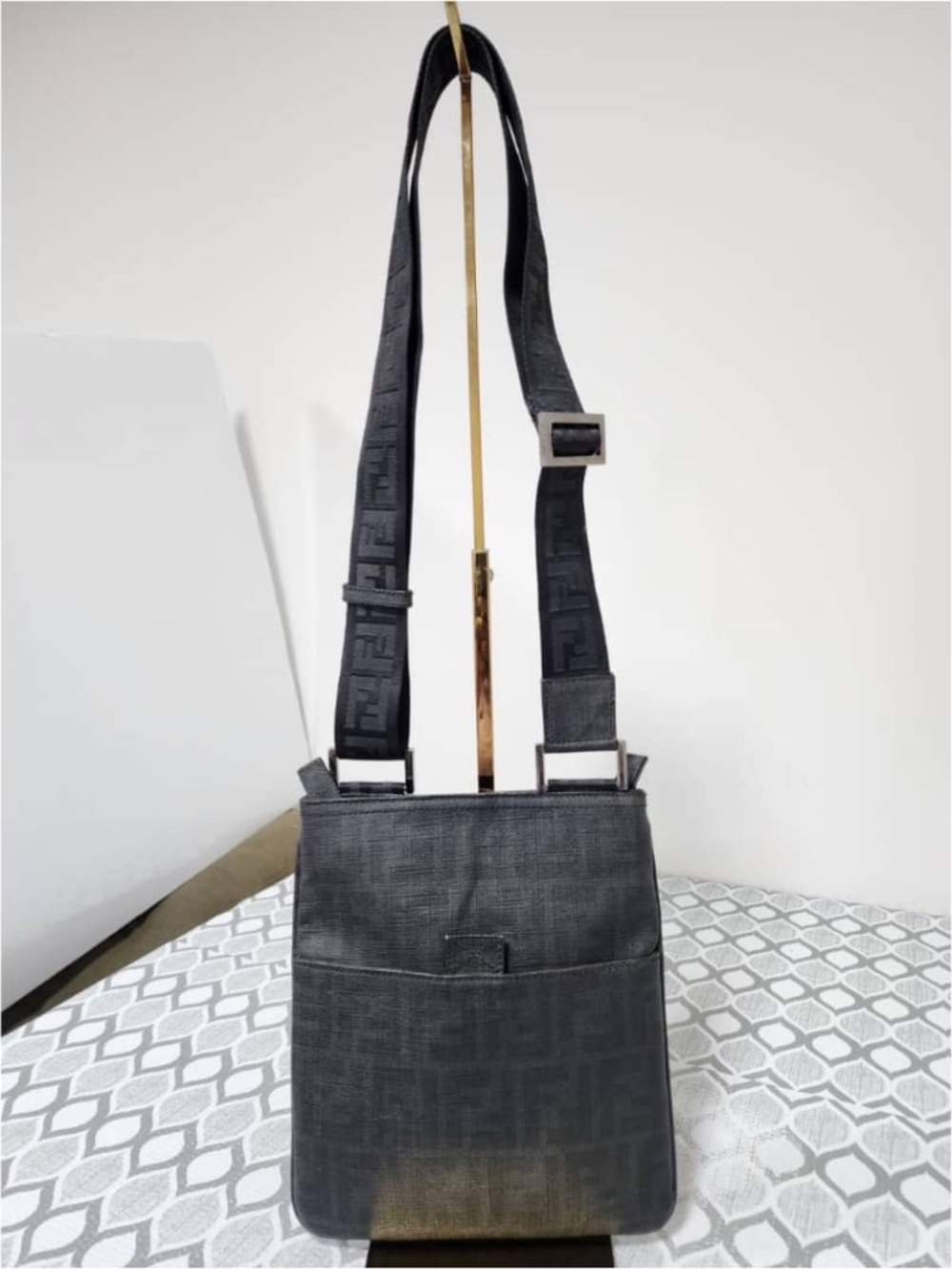 Authentic Fendi Slip Pocket Flat Messenger Bag Black/Grey